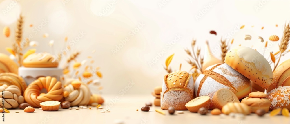 Obraz premium A bakery-themed flat design illustration with 3D elements, featuring a range of bread and pastries on a minimalistic background. The clean layout and use of copy space make it suitable for various