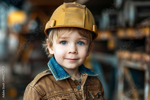 AI generated image of little cute child builder wearing helmet and costume like an adult © Tetiana