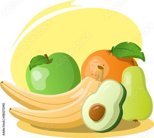 Fresh fruit still life featuring bananas, an avocado and an apple