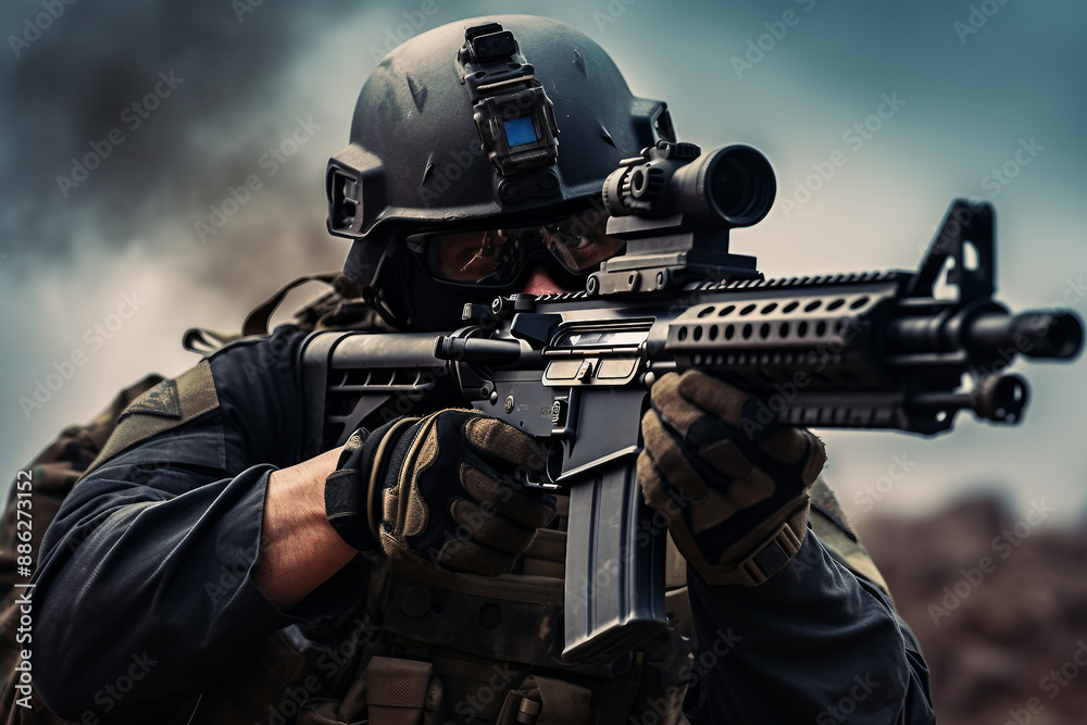Portrait of a male equipped soldier in military uniform with weapon Portrait of a male equipped soldier in military uniform with weapon