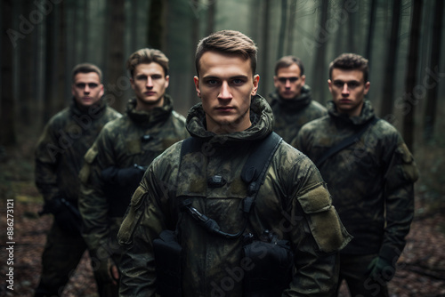 Modern soldiers fully equipped and facing the camera in military formation generative ai