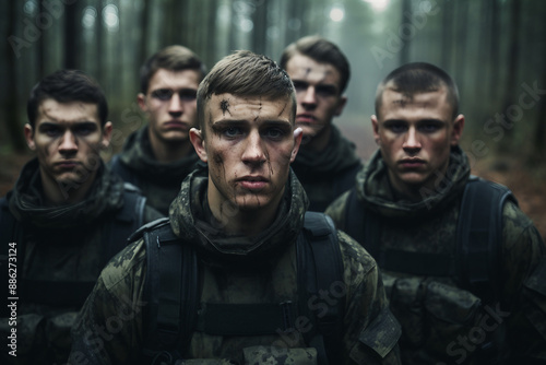 Modern soldiers fully equipped and facing the camera in military formation generative ai