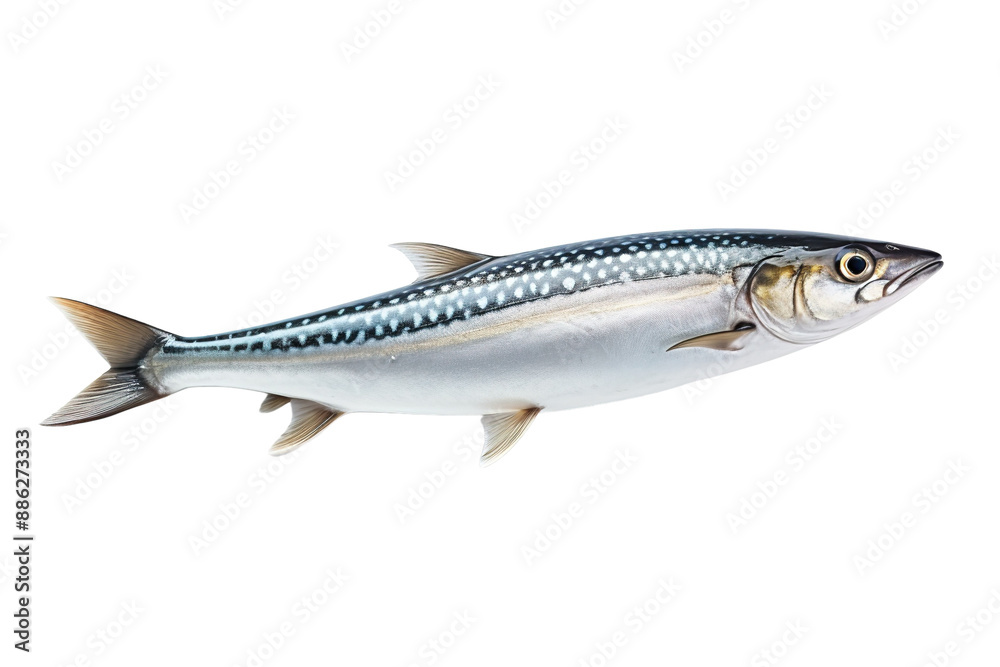 A Silver And Blue Mackerel Glides Through A White Sea on a White or Clear Surface PNG Transparent Background. A Silver And Blue Mackerel Glides Through A White Sea on a White or Clear Surface PNG Transparent Background.