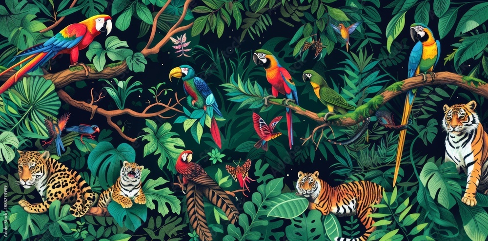 Fototapeta A flora and fauna illustration of a tropical rainforest