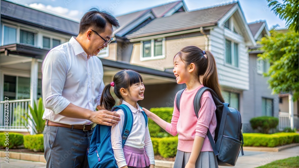 Naklejka premium together in front of house, ,father sent his daughter to school, daughter wearing a backpack ready for school and she is first grade, primary, elementary