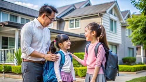 together in front of house, ,father sent his  daughter to school, daughter wearing a backpack ready for school and she is first grade, primary, elementary