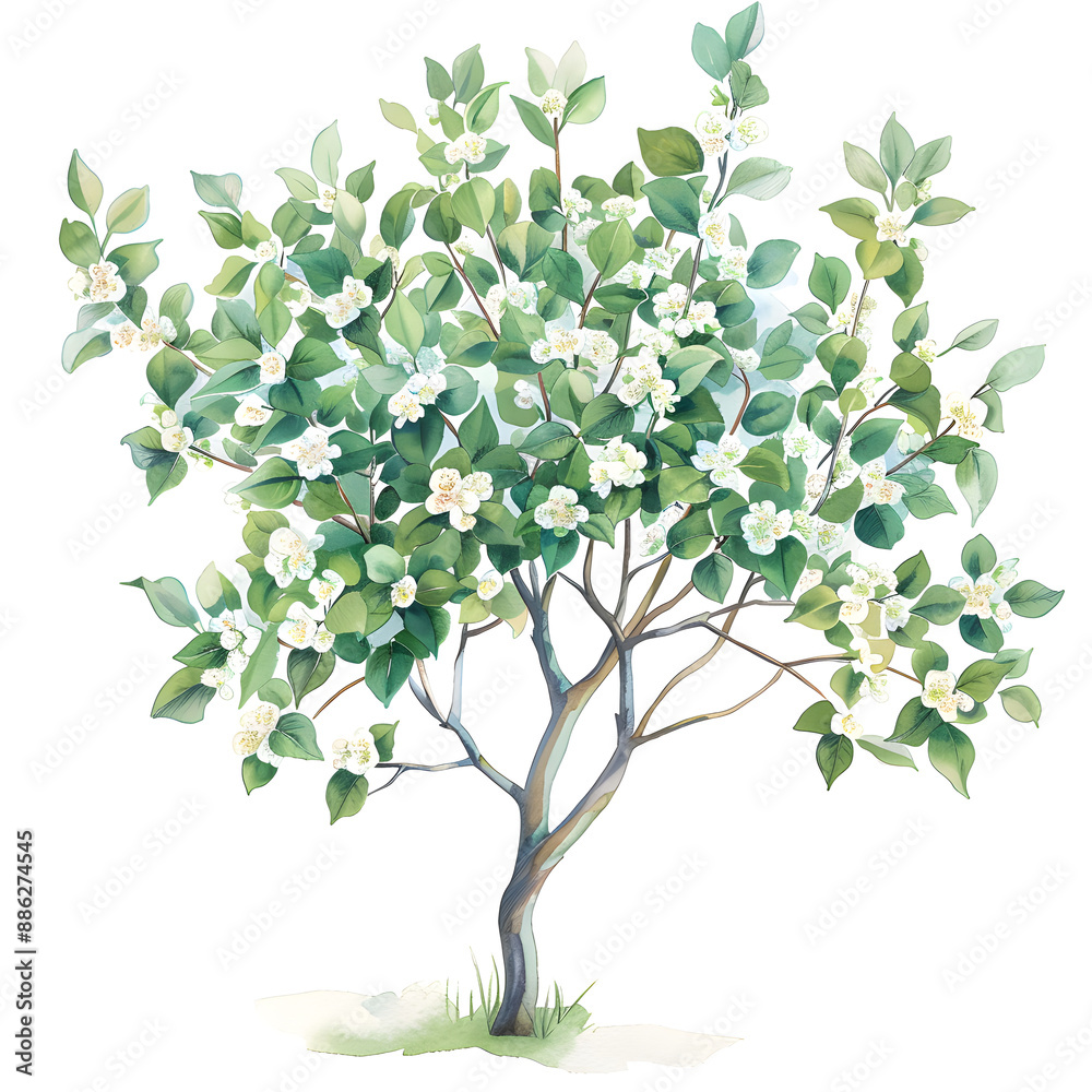 Obraz premium Trees front view, Serviceberry PNG, watercolor style vector tree, architectural element, PNG bundle, vector clipart, transparent background 