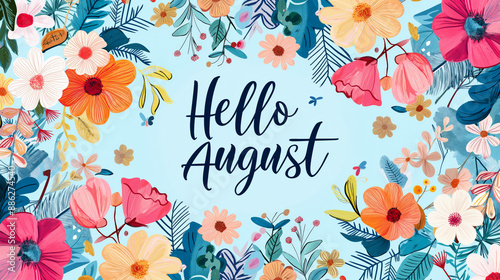 Logo Hello August on a blue background framed many coloured flowers.