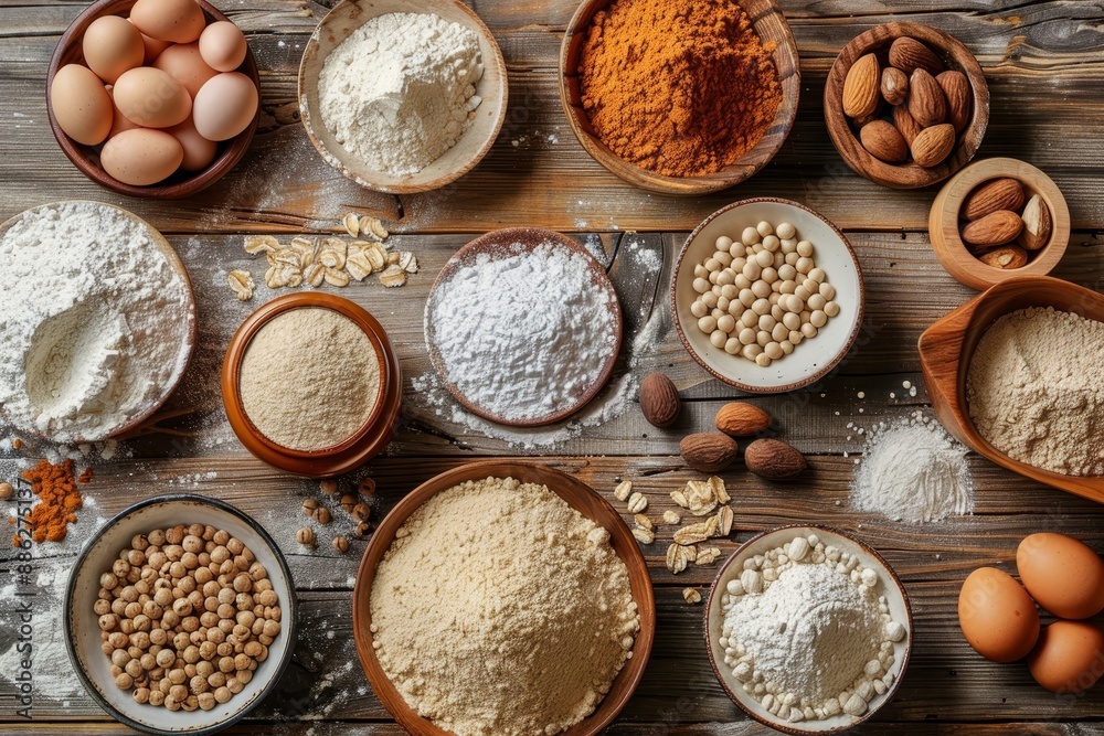 A wooden table displaying an assortment of food filled bowls, Create a series of images showing different ways to substitute allergens in recipes A wooden table displaying an assortment of food filled bowls, Create a series of images showing different ways to substitute allergens in recipes