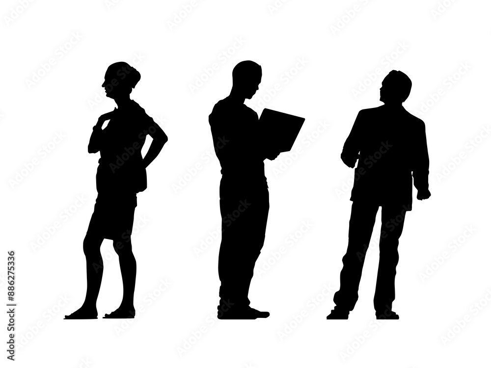 Vector silhouettes of men and a women, a group of standing business people, profile, black color isolated on white background Vector silhouettes of men and a women, a group of standing business people, profile, black color isolated on white background