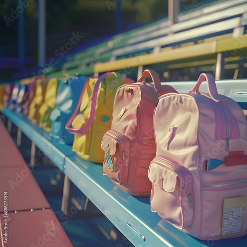 Brightly colored backpacks on aluminum bleachers, each one filled with books and supplies, capturing the quiet moments after school. photo