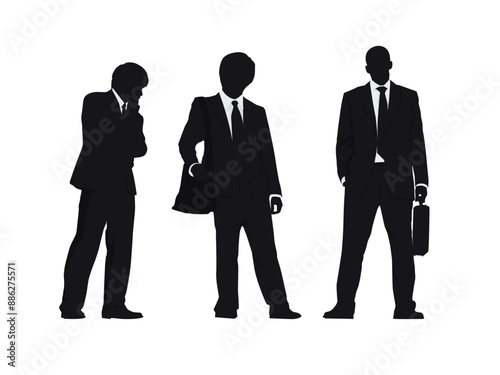 Vector silhouettes of men and a women, a group of standing business people, profile, black color isolated on white background