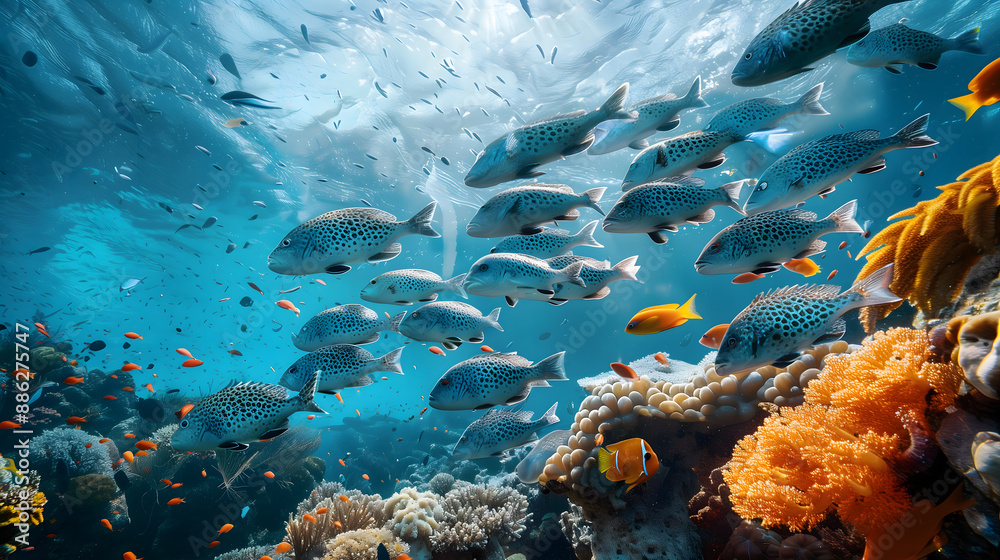Fototapeta premium A school of hawkfish in front of a speck in the ocean Below is a beautiful coral reef. The water was blue and the sun was shining on it. Group of hawkfish in front of the spot