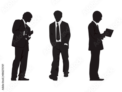 Vector silhouettes of men and a women, a group of standing business people, profile, black color isolated on white background