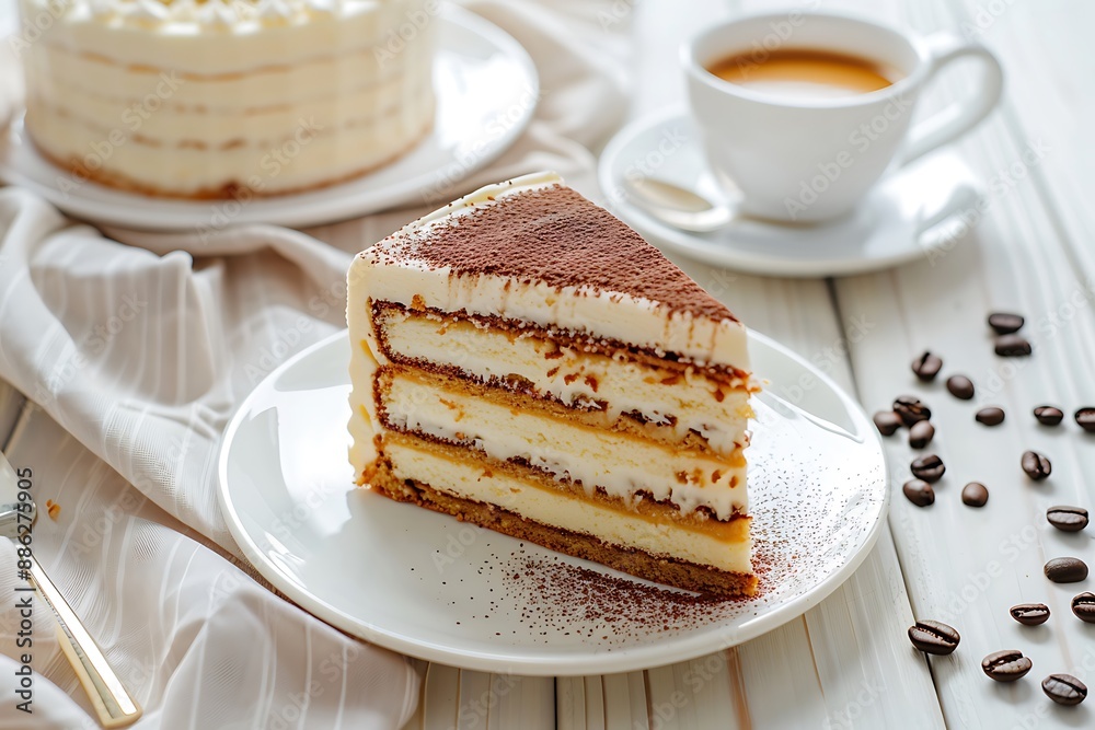 Slice coffee cake on white plate, photo shoot for ads, white wood background. Slice coffee cake on white plate, photo shoot for ads, white wood background.
