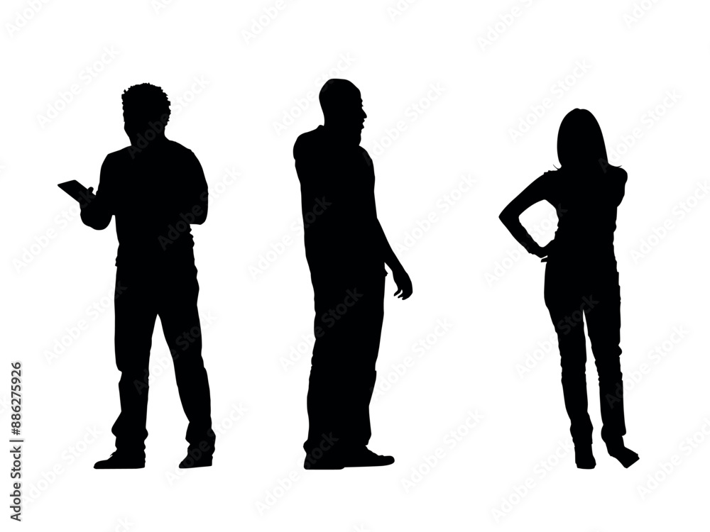 Vector silhouettes of men and a women, a group of standing business people, profile, black color isolated on white background Vector silhouettes of men and a women, a group of standing business people, profile, black color isolated on white background