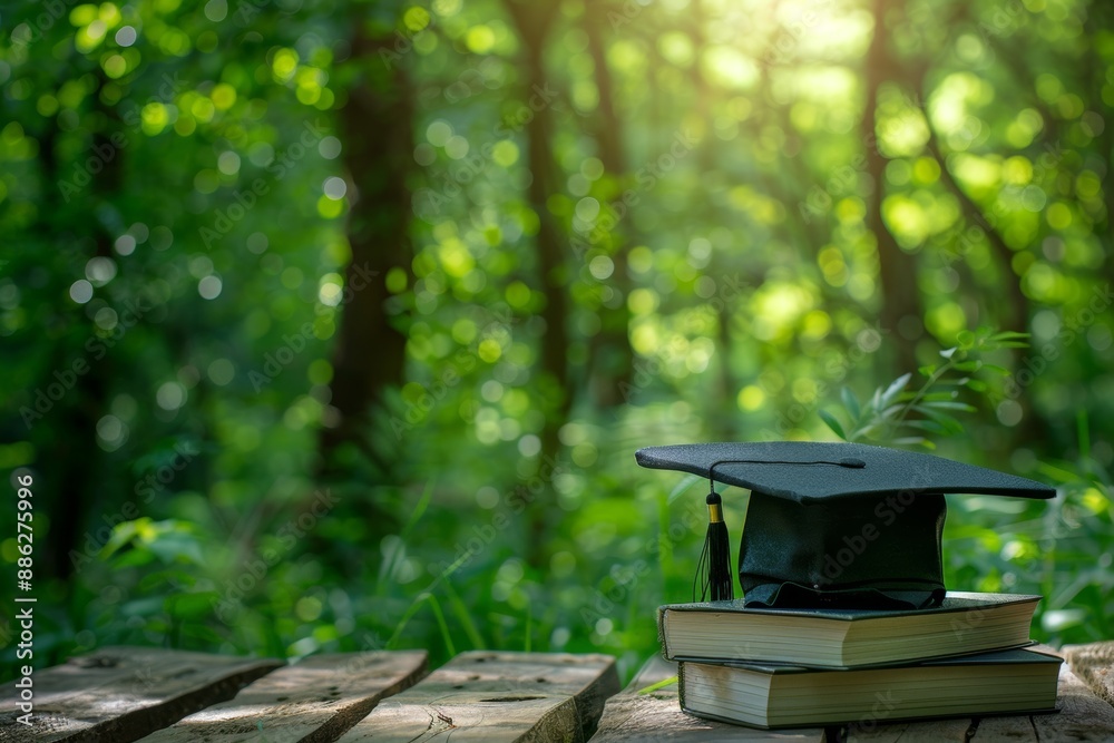 Graduation cap atop white book placed on wooden table, set against lush green forest background Graduation cap atop white book placed on wooden table, set against lush green forest background