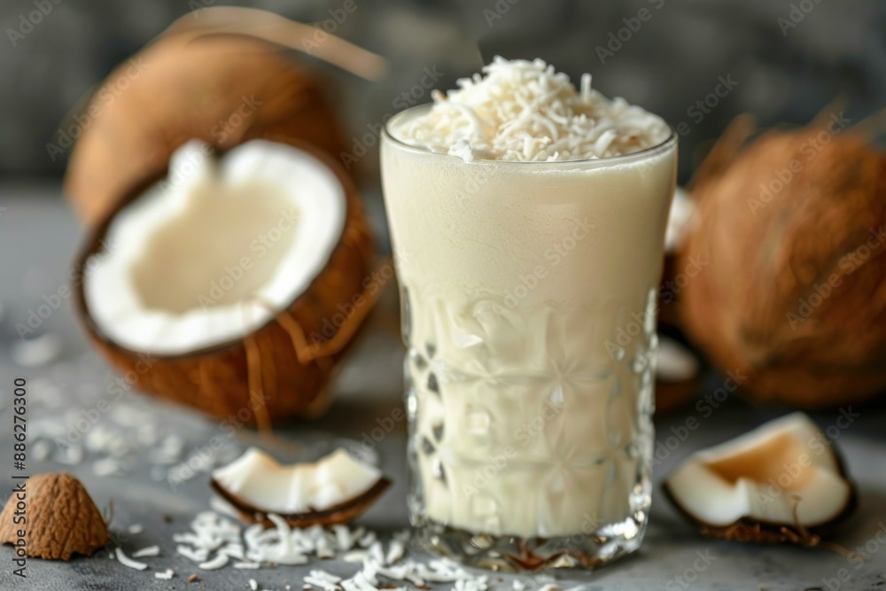 Coconut milkshake topped with shredded coconut standing on a table with fresh coconuts Coconut milkshake topped with shredded coconut standing on a table with fresh coconuts