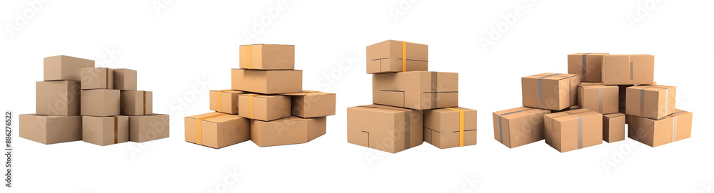 Stack of cardboard delivery boxes neatly arranged isolated on transparent background Stack of cardboard delivery boxes neatly arranged isolated on transparent background