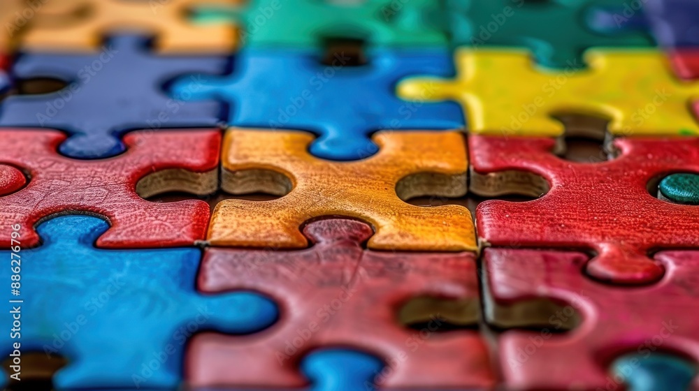 Colorful puzzle pieces fitting together, close-up view showing texture and interlocking design Colorful puzzle pieces fitting together, close-up view showing texture and interlocking design