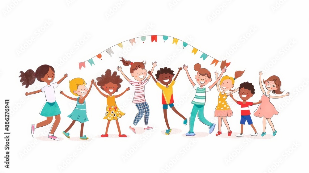 Fototapeta premium Children of different skin colors and ethnicities smiling, playing and dancing together in a joyful circle, round dance or farandole.