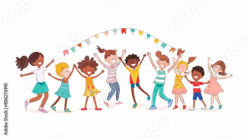 Children of different skin colors and ethnicities smiling, playing and dancing together in a joyful circle, round dance or farandole.