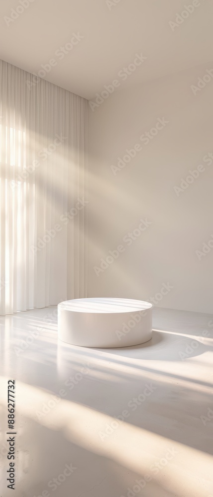 A white round table is sitting in a room with a window