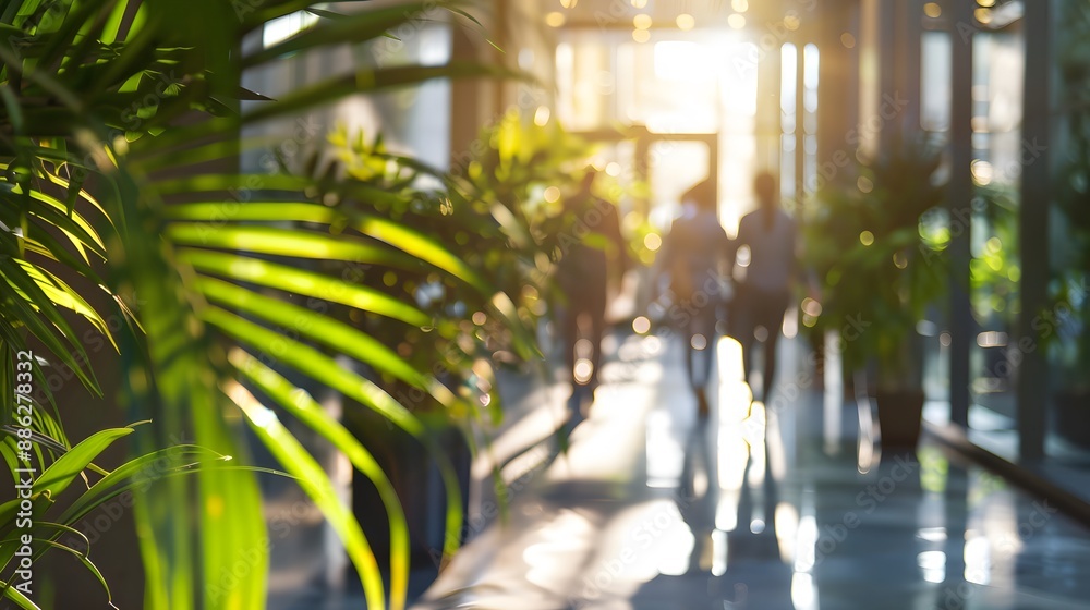Obraz premium Create a scene of harmony in an office hallway where blurred business people walk amidst green trees and sunlight