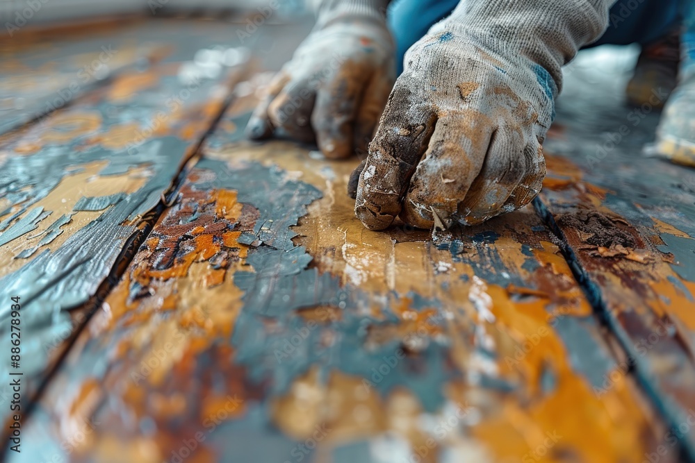 Hands in gloves meticulously stripping old paint from a weathered wooden surface, capturing a close-up view of the manual restoration process with intense focus and precision. Hands in gloves meticulously stripping old paint from a weathered wooden surface, capturing a close-up view of the manual restoration process with intense focus and precision.