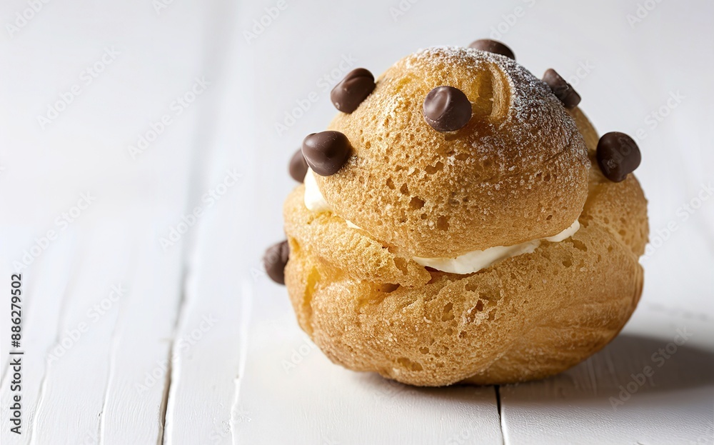 a golden profiterole, a French choux pastry, adorned with chocolate chips a golden profiterole, a French choux pastry, adorned with chocolate chips