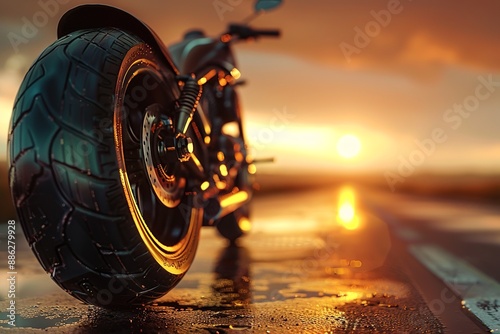 Motorcycle parked on the road with sunset in background. Generative Ai photo