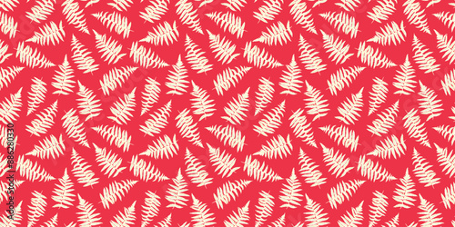 Red pattern with abstract artistic branches leaves fern. Vector hand drawing. Shapes stylized plants seamless print. Simple ornament for designs, textile, fabric, cover