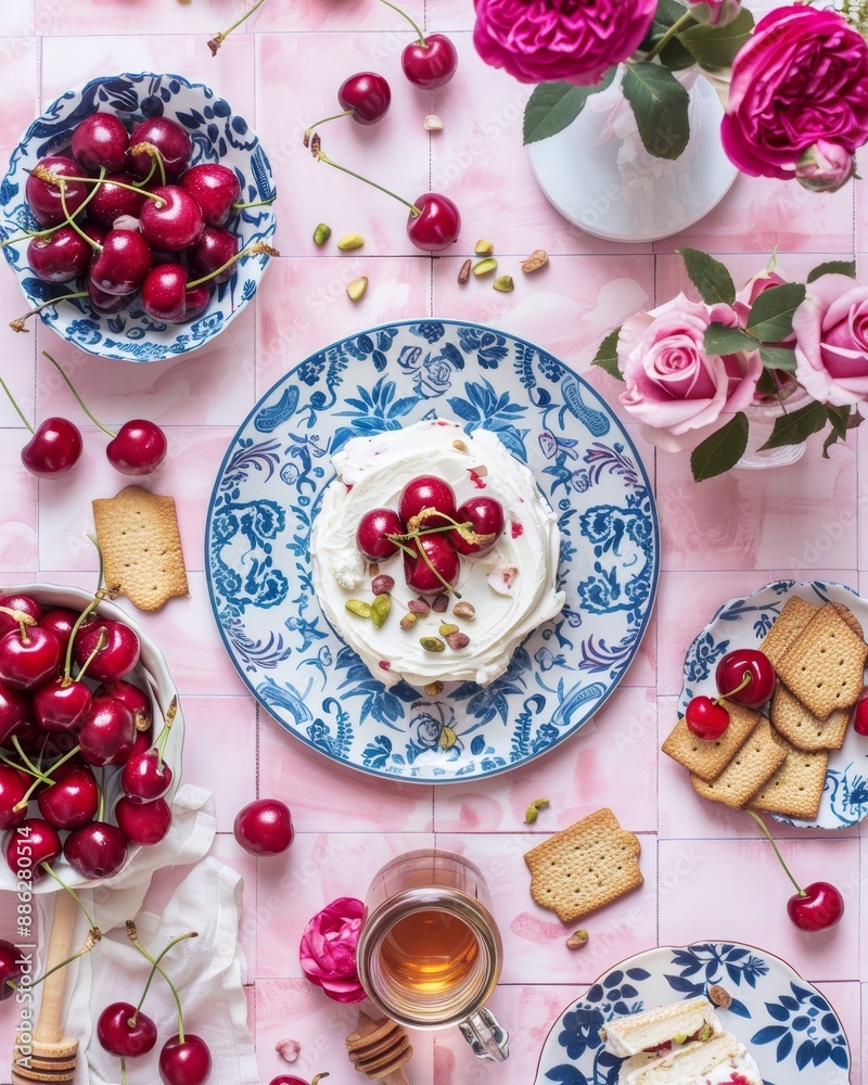 Fresh cherries and cream topped on biscuit cookies Fresh cherries and cream topped on biscuit cookies