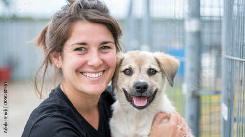 Emotional bond between woman and new shelter dog, heartwarming rescue moment captured.