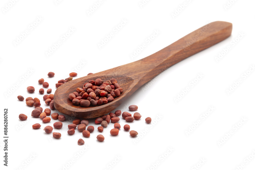 Front view of a wooden spoon filled with dry Organic White Radish (Raphanus sativus) seeds. Isolated on a white background. Front view of a wooden spoon filled with dry Organic White Radish (Raphanus sativus) seeds. Isolated on a white background.