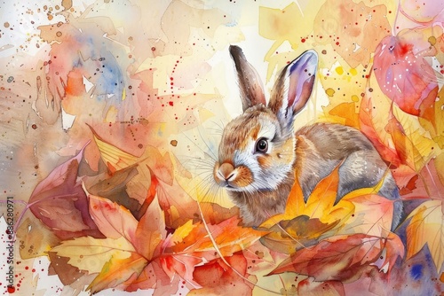 Watercolor painting of a rabbit with autumn maple leaves. Use for wallpapers, posters, postcards, brochures