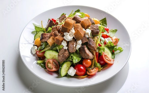 A scrumptious salad masterpiece, beautifully arranged on a pristine white plate photo