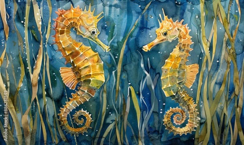 Watercolor painting of a pair of seahorses. A seahorse is a fish, that have bones on the outside instead of scales. Use for wallpapers, posters, postcards, brochures