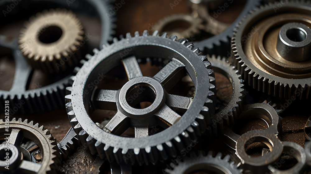 A close-up of interlocking metal gears with intricate details and textures with copy space A close-up of interlocking metal gears with intricate details and textures with copy space