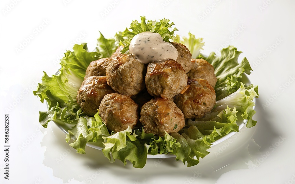 appetizing plate of cooked chicken meatballs, garnished with a fresh lettuce salad appetizing plate of cooked chicken meatballs, garnished with a fresh lettuce salad