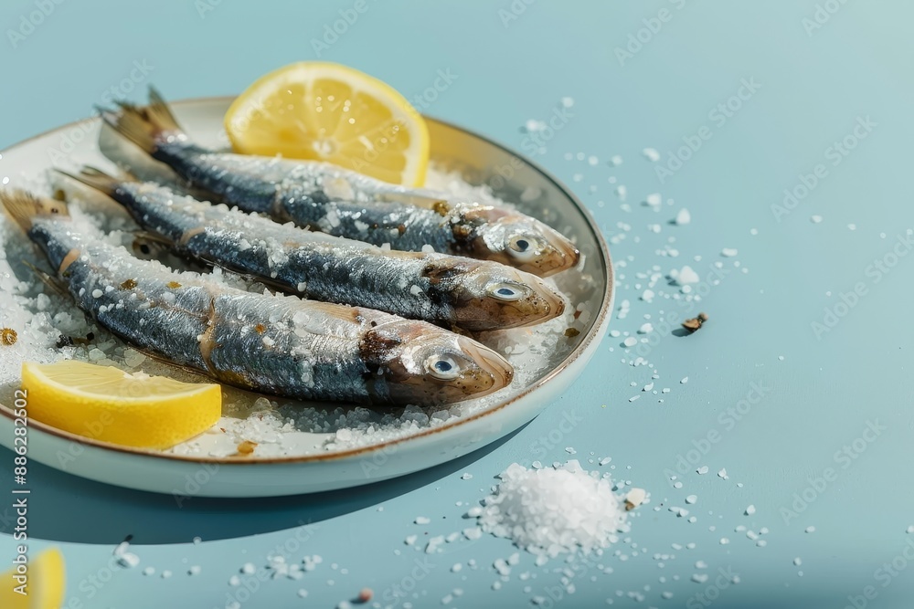 Fresh anchovies with lemon on a bed of salted asparagus on a blue bed of rice Fresh anchovies with lemon on a bed of salted asparagus on a blue bed of rice