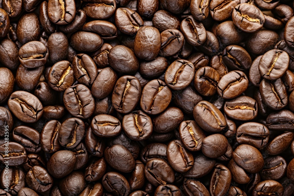 Fototapeta premium Roasted coffee beans are forming a textured background, creating a visually appealing image