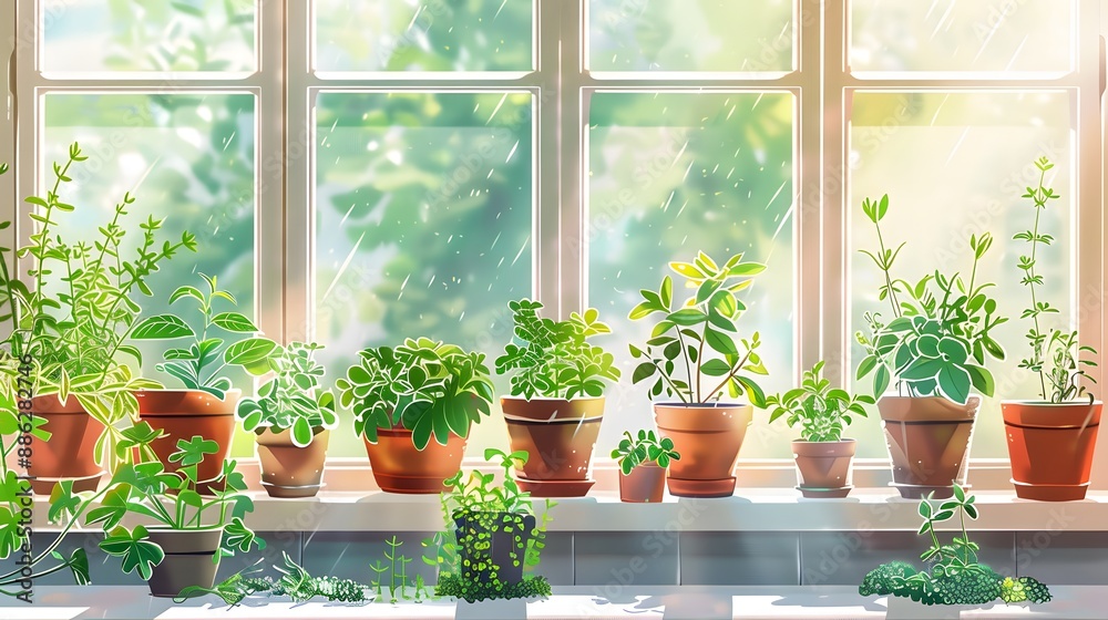 Gardening tips for small spaces, herb garden on windowsill, Botanical Illustration style, drawing Gardening tips for small spaces, herb garden on windowsill, Botanical Illustration style, drawing