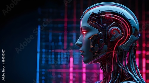 Capture the essence of technological advancement with this side profile of a futuristic artificial intelligence computer head. Glowing blue, red, and pink neon lines illuminate the dark background, re