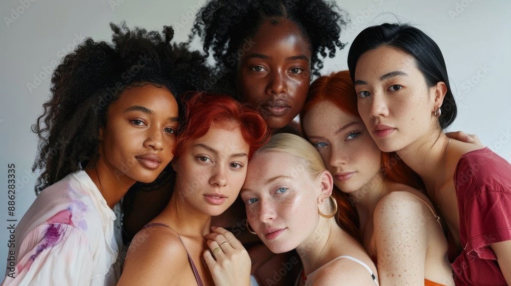 A group of multiethnic women with different kinds of skin posing together in the studio. Idea of self acceptance and body positivity. A group of multiethnic women with different kinds of skin posing together in the studio. Idea of self acceptance and body positivity.