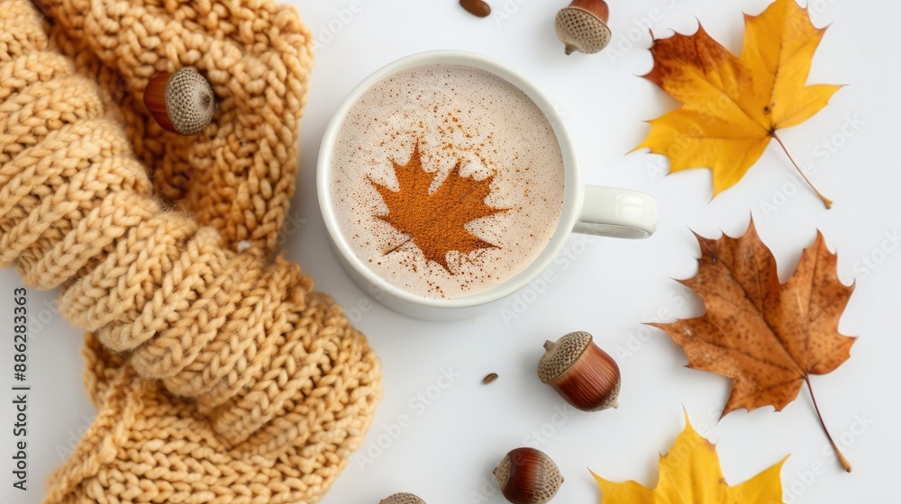 Cozy Autumn Morning With Cinnamon Latte and Fall Foliage