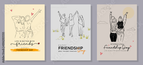Happy International Friendship Day Post Template. Greeting card, back view of the friends' group. Abstract vector illustration design.