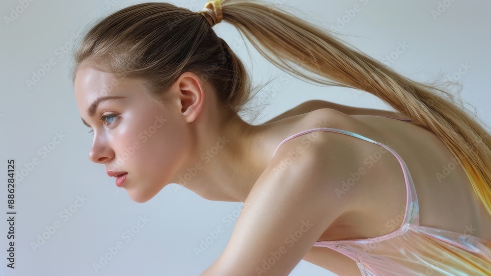 Obraz premium portrait of a beautiful young woman with blonde hair, with a ponytail of hair, fitness , photo