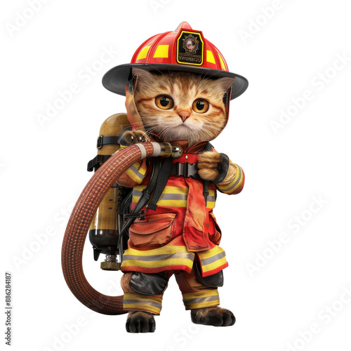 3D cat dressed as a firefighter holding a fire hose