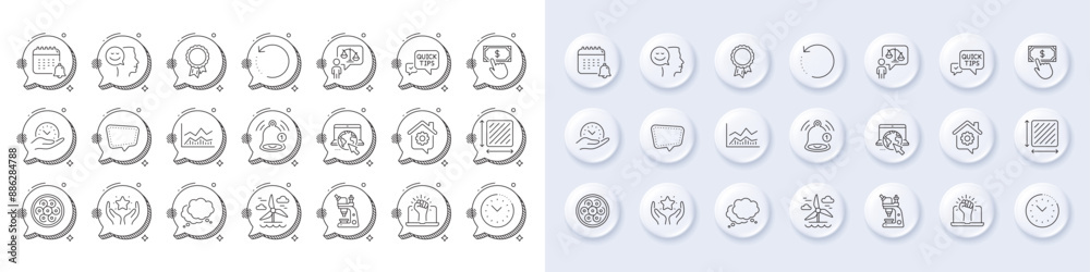 Quick tips, Windmill and Internet line icons. White pin 3d buttons, chat bubbles icons. Pack of Lawyer, Microscope, Square area icon. Calendar, Chat message, Ranking pictogram. Vector